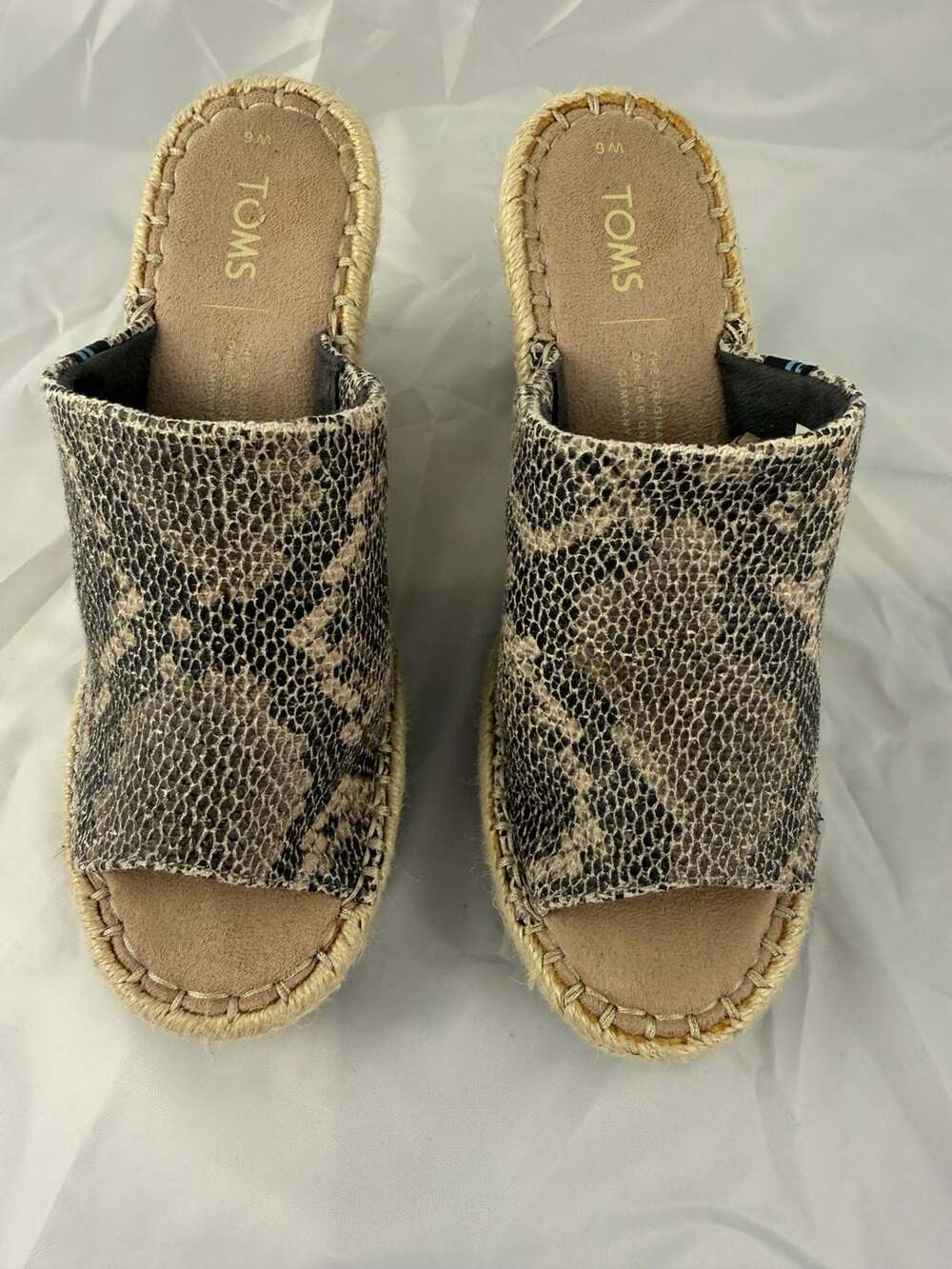 Toms Womens size 6 M Faux Leather snake print wedges mules.